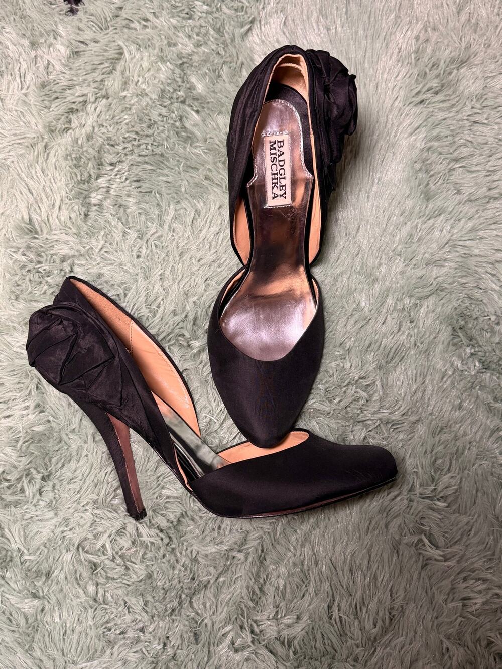 Badgley Mischka Black Satin Pumps with rosette detail on side